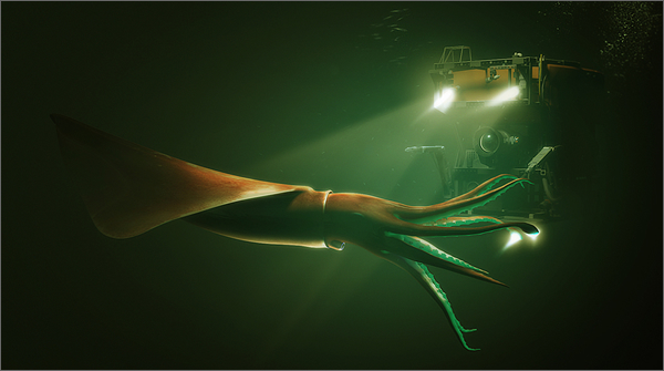 Picture Of A Giant Squid Being Lit Up By A Yellow Submarine