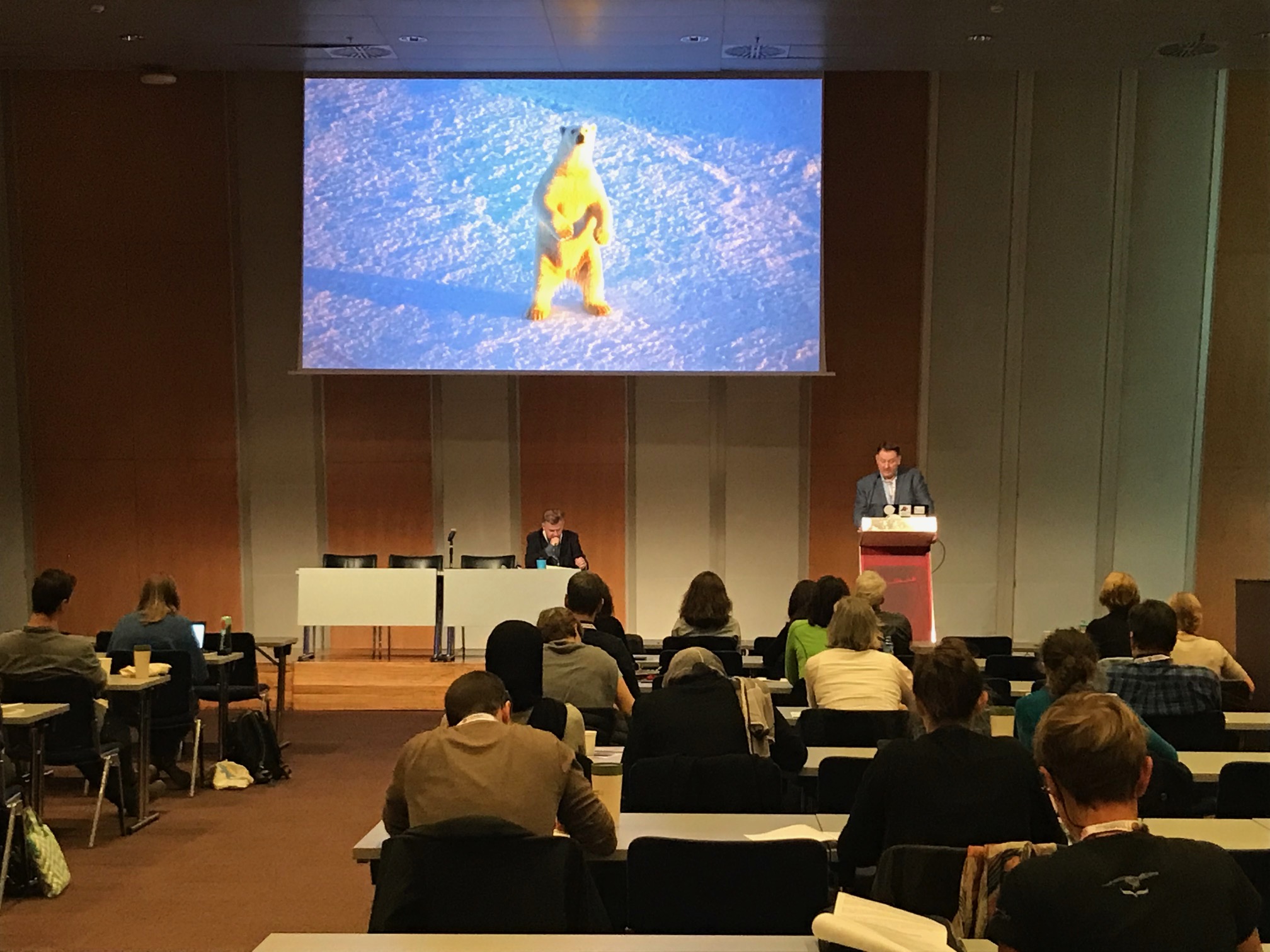 A Presentation With Multiple People Looking At A Polar Bear Standing Up On A Projector Screen